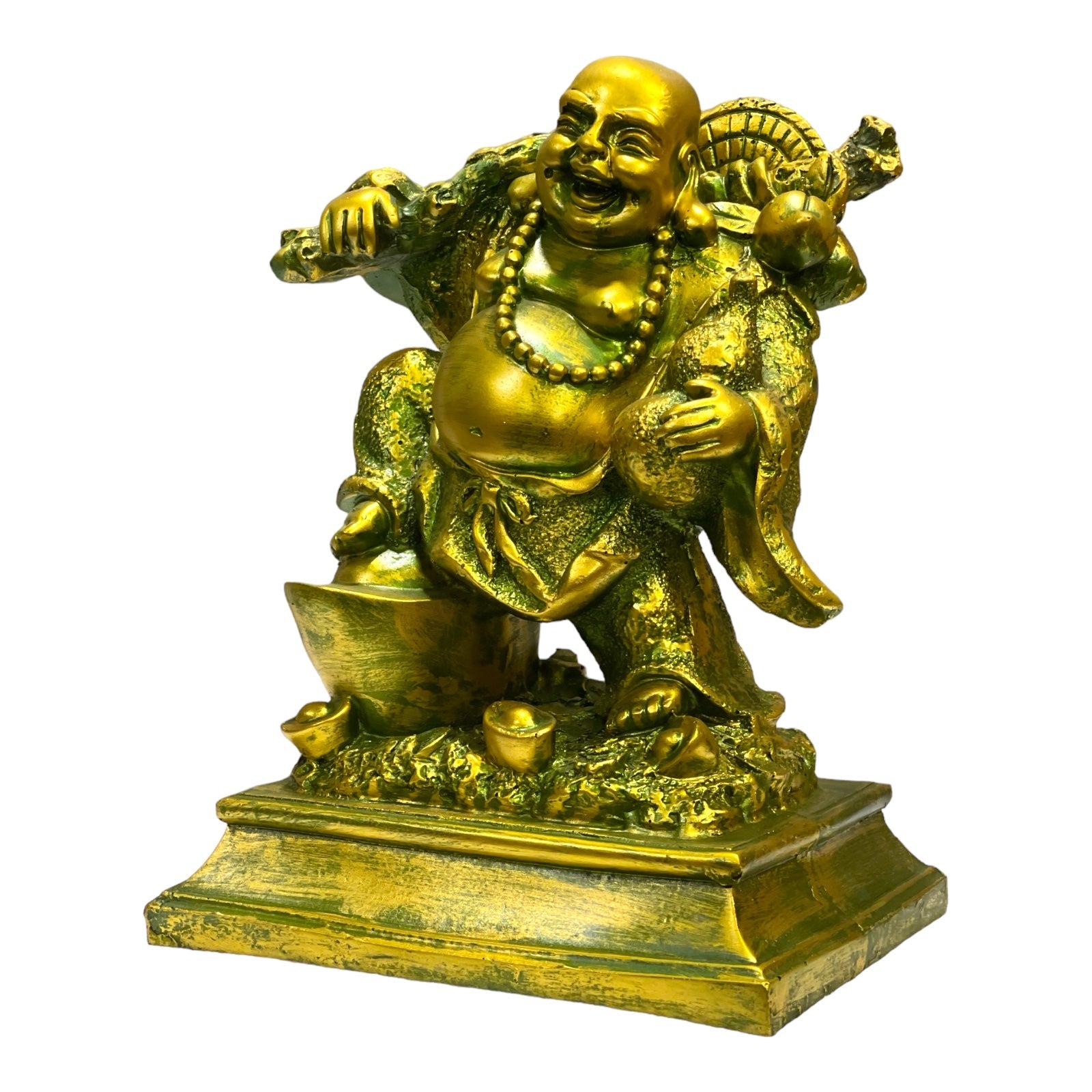 Laughing Buddha Standing on Coins with Bag for Wealth and Money H- 23 cm