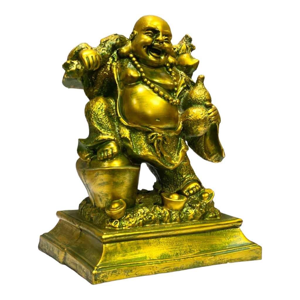 Laughing Buddha Standing on Coins with Bag for Wealth and Money H- 23 cm