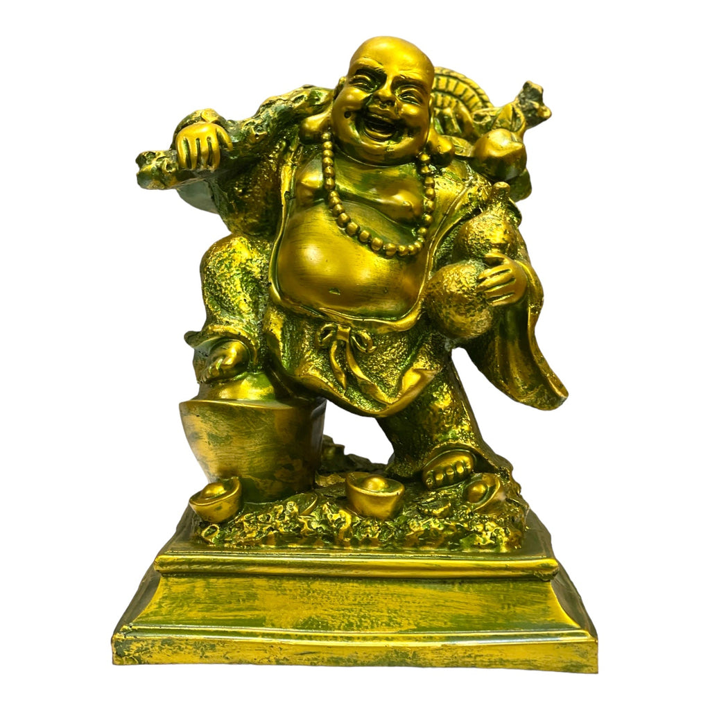 Laughing Buddha Standing on Coins with Bag for Wealth and Money H- 23 cm