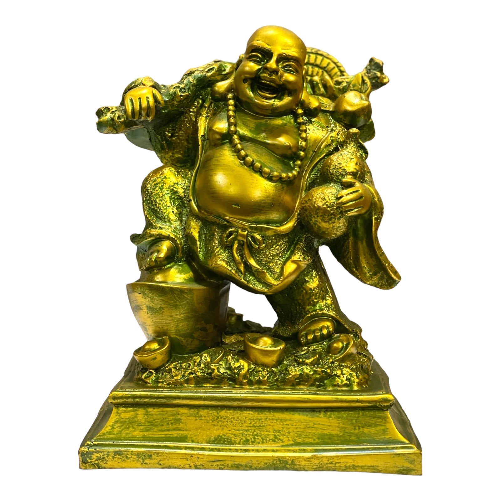Laughing Buddha Standing on Coins with Bag for Wealth and Money H- 23 cm