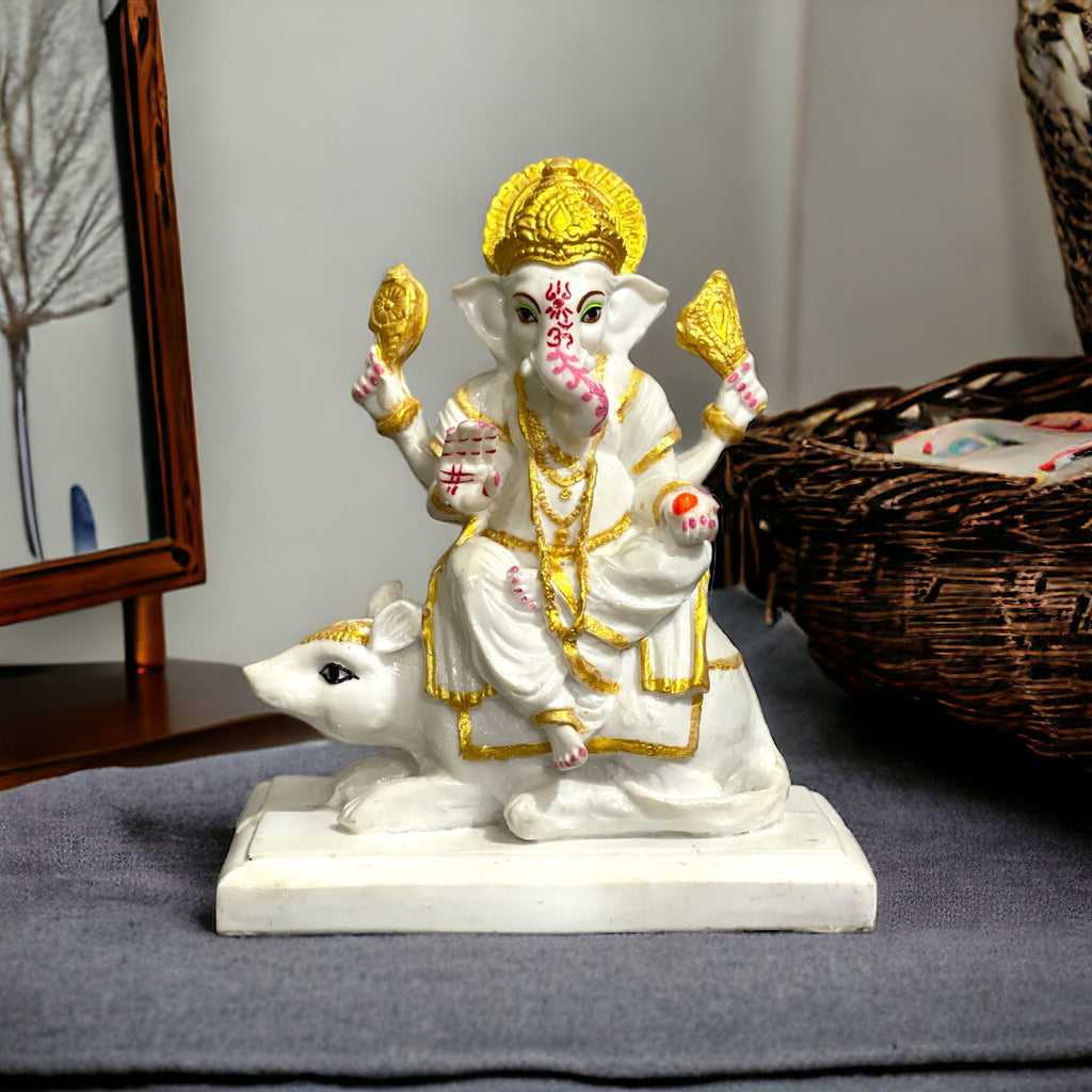 Lord Ganpati Sitting on Mushak Marble Statue Best Gift for Home H – 14 cm