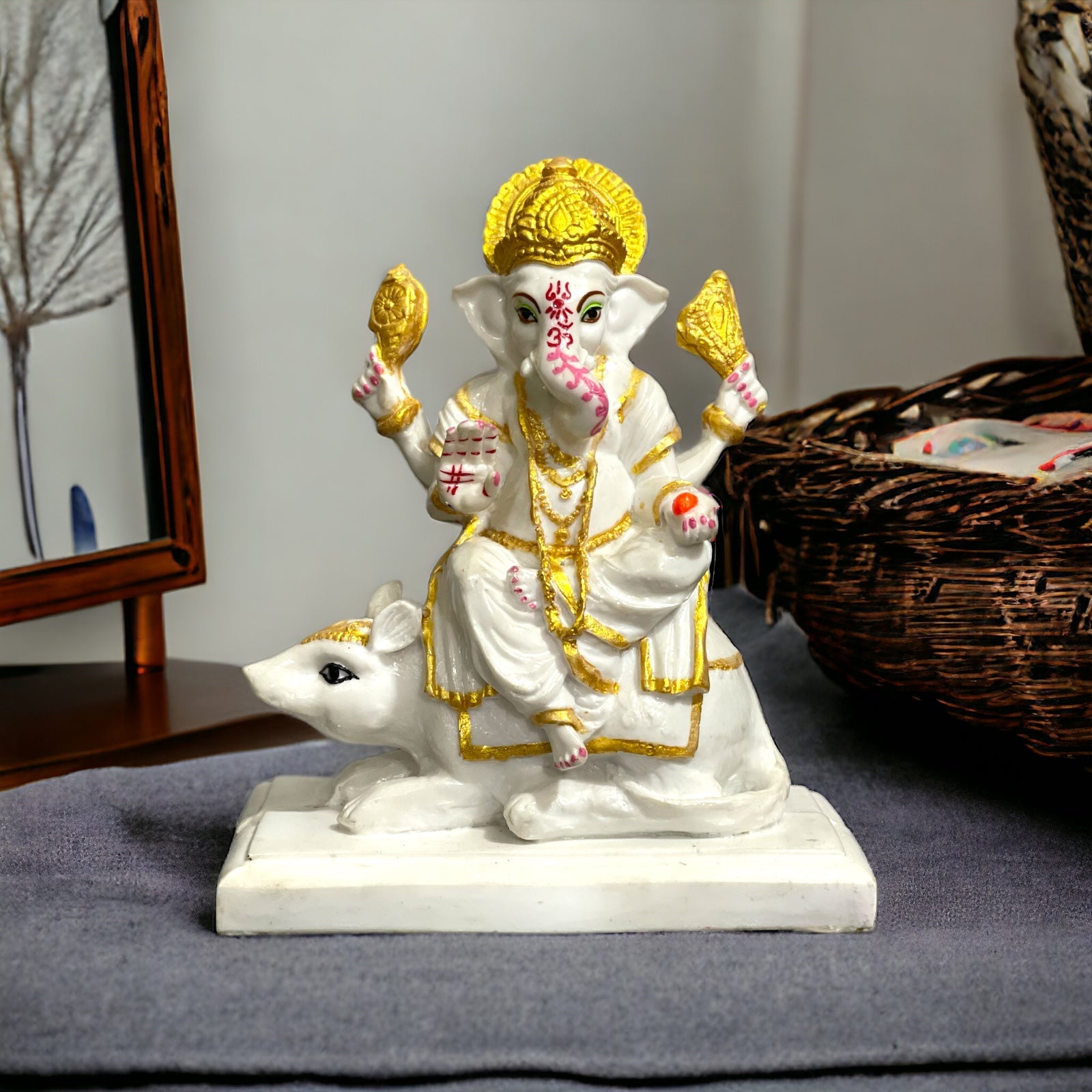 Lord Ganpati Sitting on Mushak Marble Statue Best Gift for Home H – 14 cm