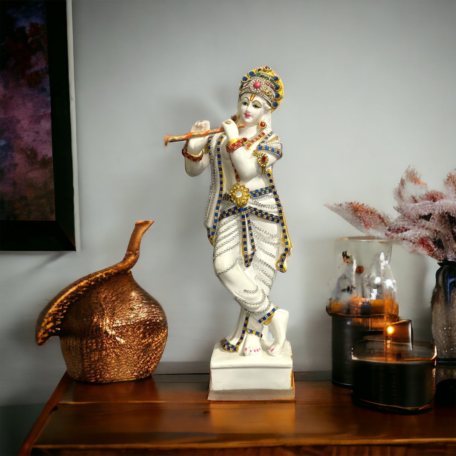 Standing Krishan Decorative Idol Marble Murti Statue Height- 38 Cm