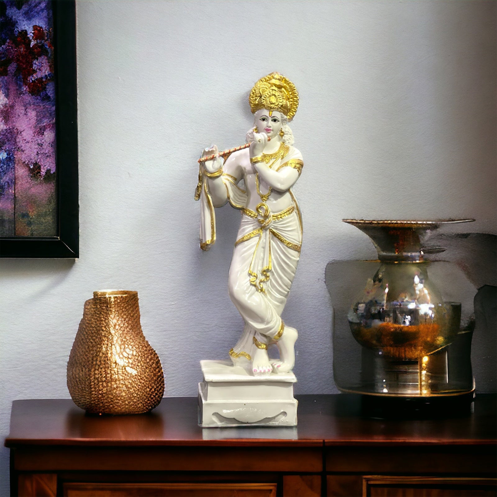 Standing Krishna with Bansuri White Marble Look, Height-63 CM