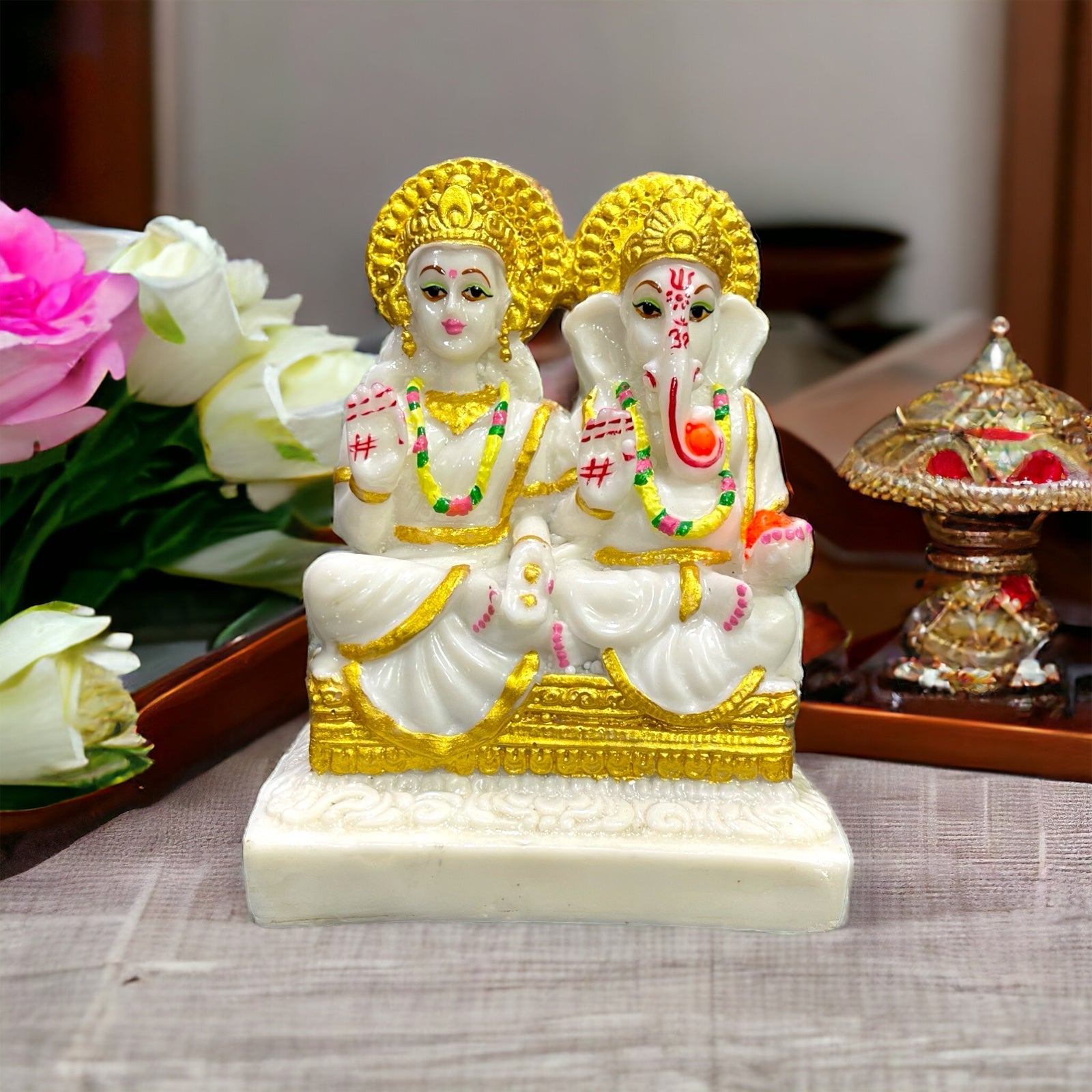 Laxmi Ji & Ganesh Ji Murti Idol Marble dust Material Best for Puja H 21 cm