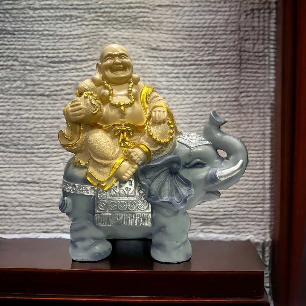 Laughing Buddha Sitting on Elephant Statue Resin Figurine H- 35 cm