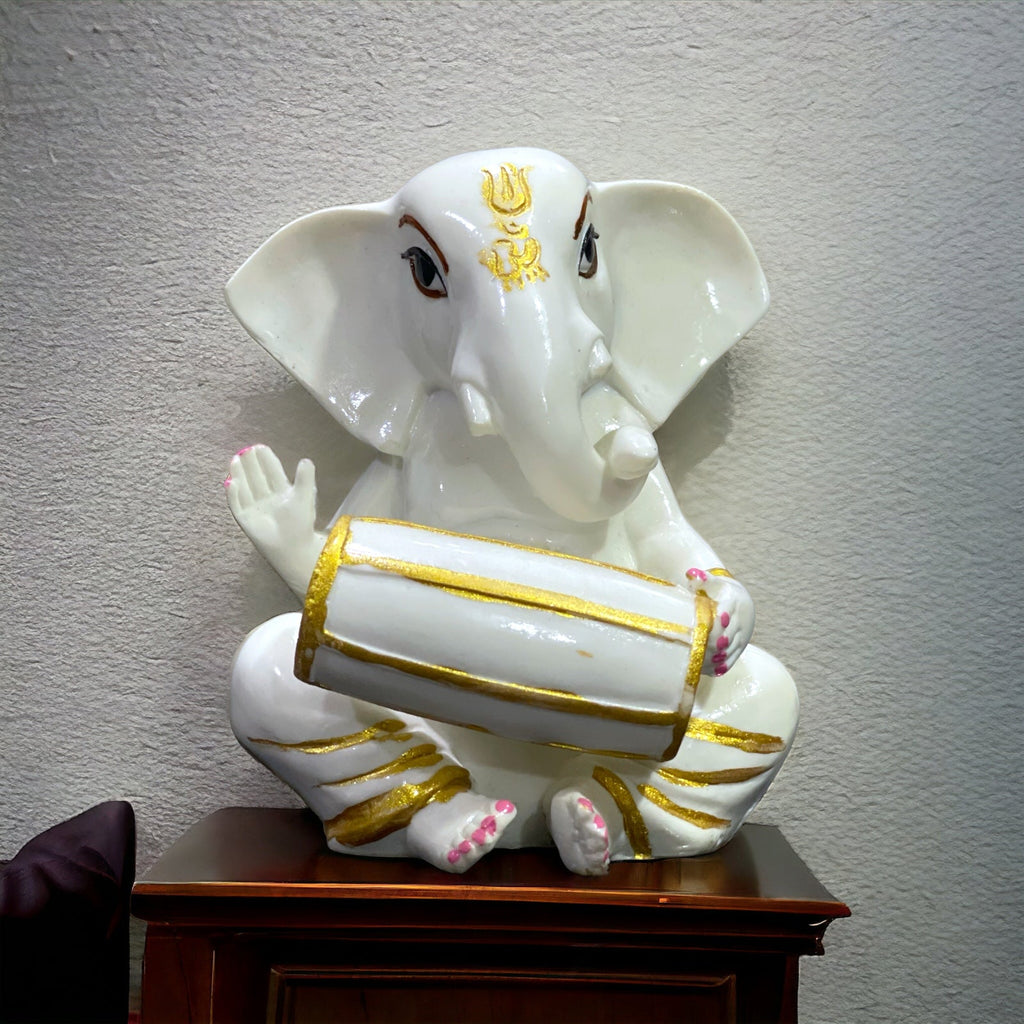 White Marble Dholak Ganesha Murti Statue Figurine for Home Decor H-15 cm