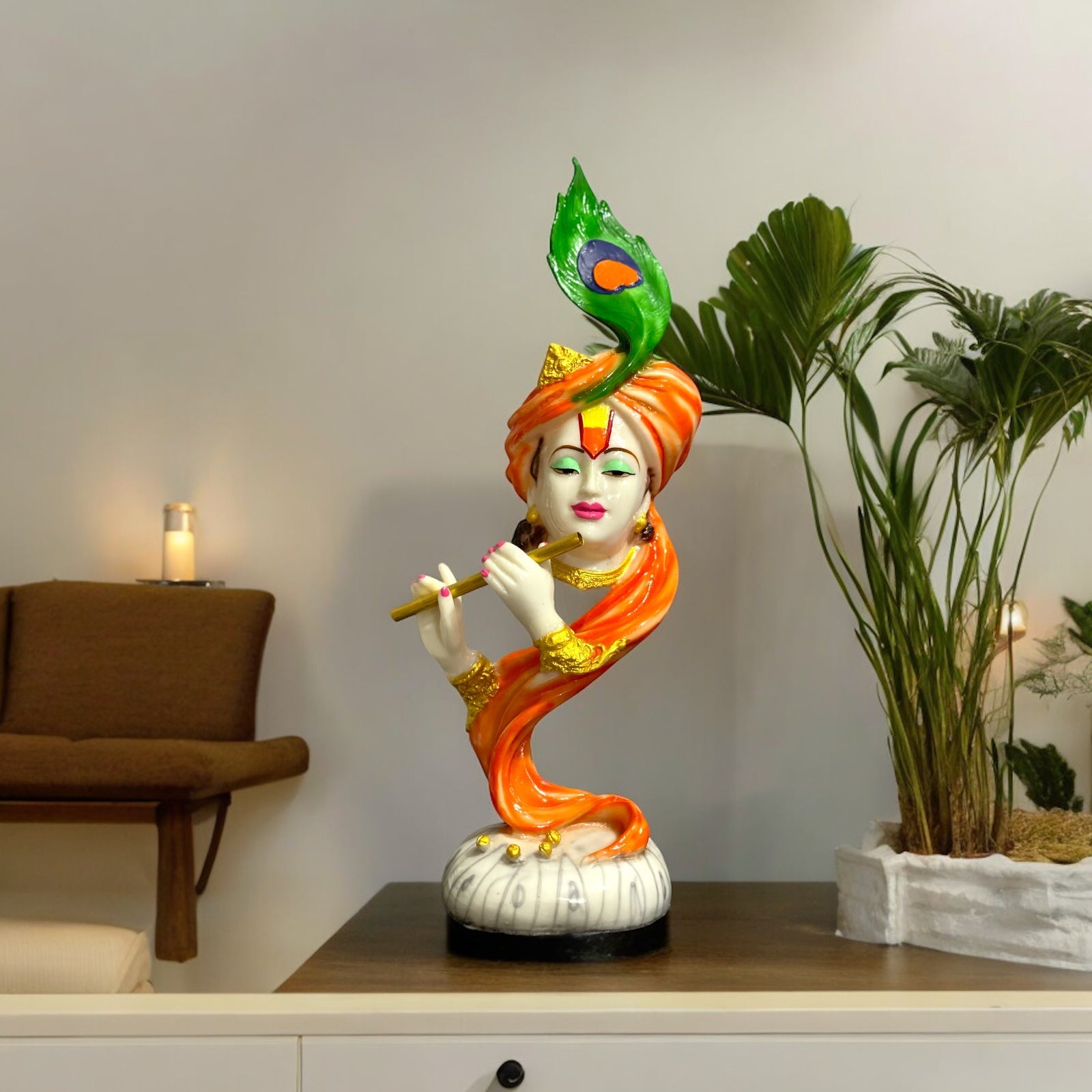 Curved Pankh Krishan Marble Look Colourful Idol, H-33 cm