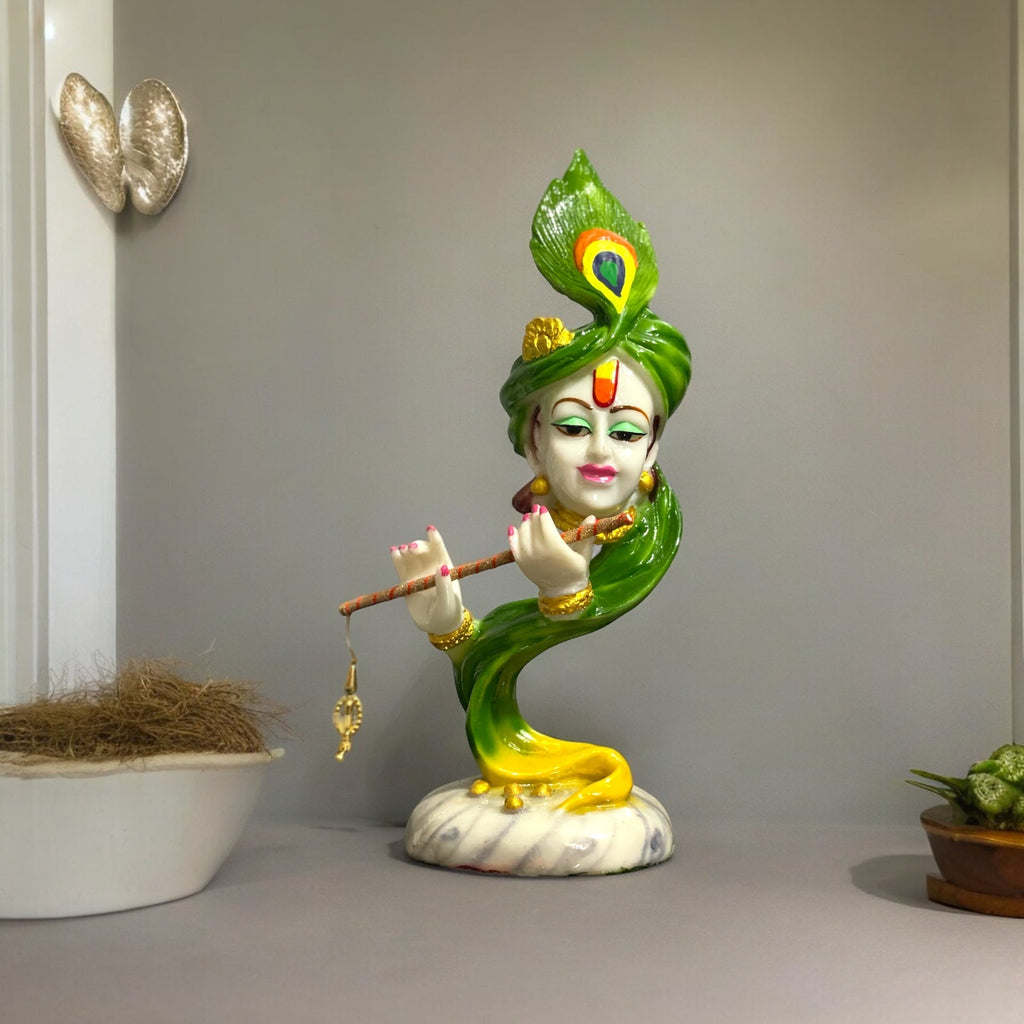 Curved Pankh Hare Krishan Green Colourful Idol, H-33 cm