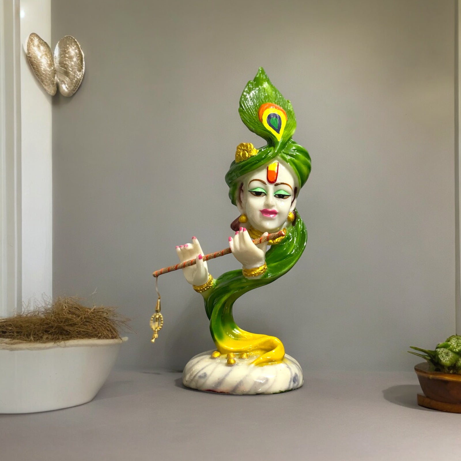Curved Pankh Hare Krishan Green Colourful Idol, H-33 cm