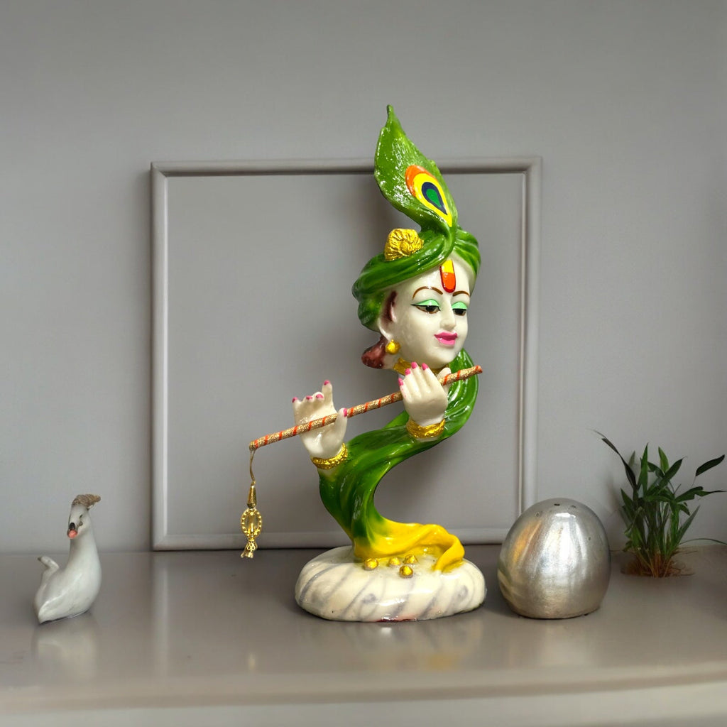 Curved Pankh Hare Krishan Green Colourful Idol, H-33 cm