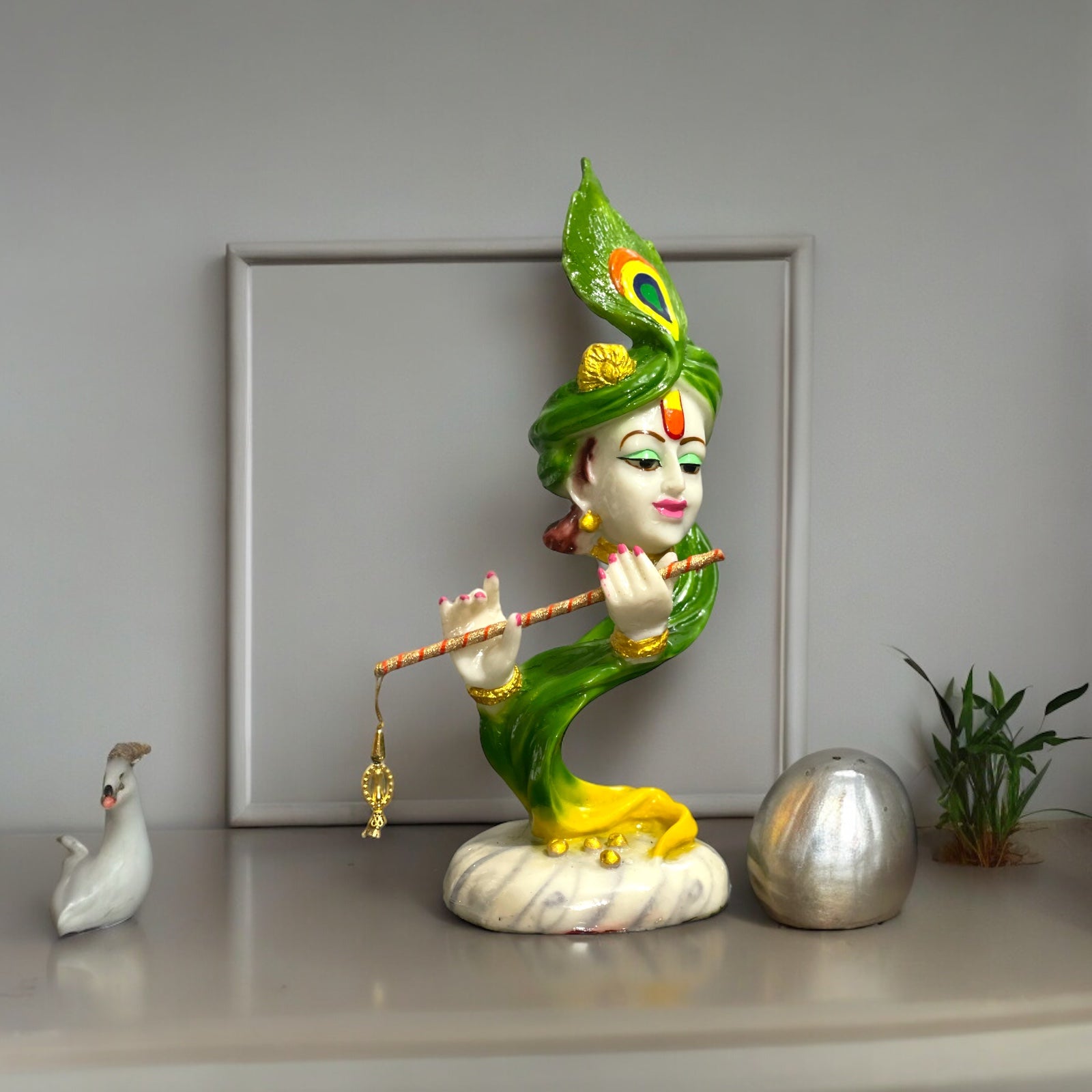 Curved Pankh Hare Krishan Green Colourful Idol, H-33 cm
