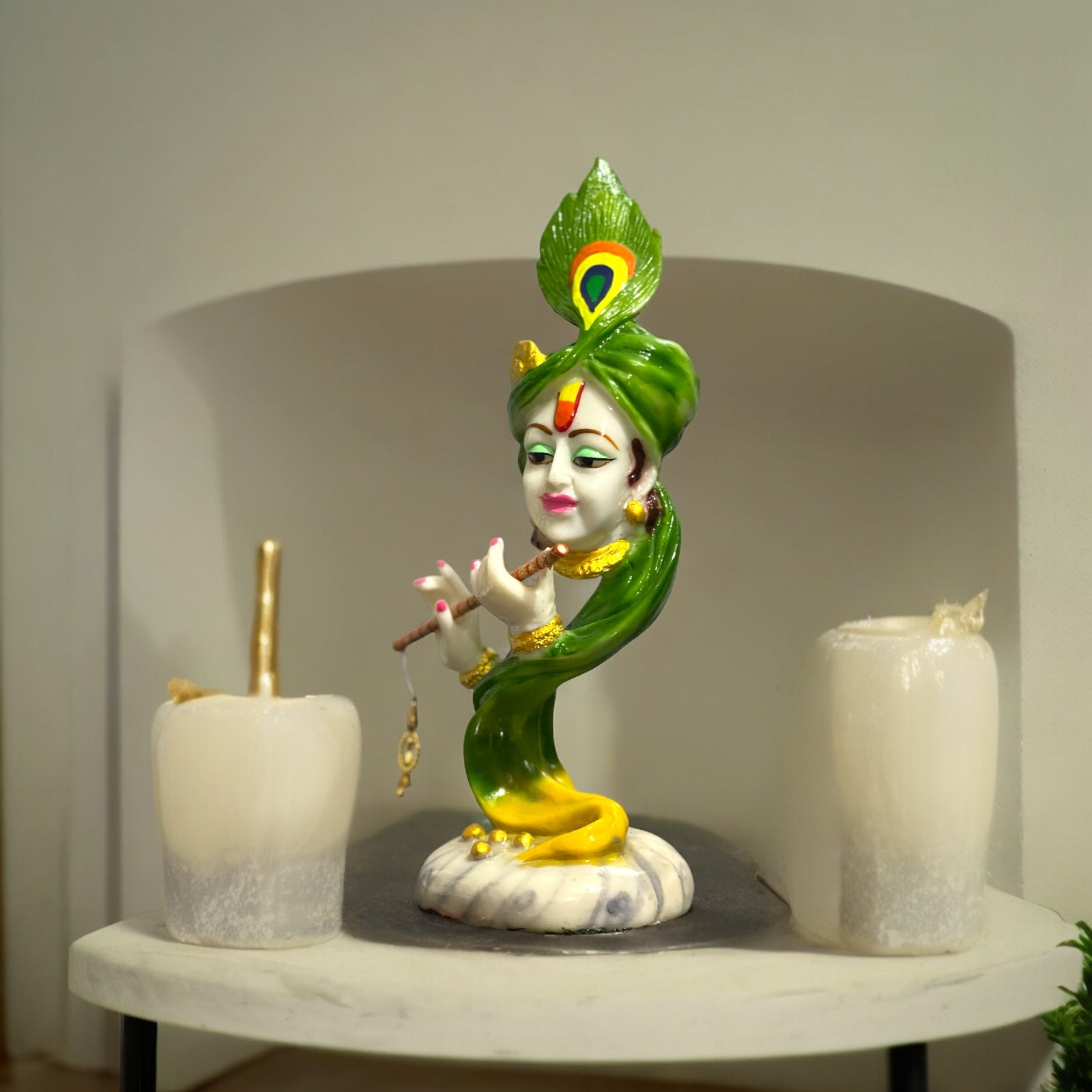 Curved Pankh Hare Krishan Green Colourful Idol, H-33 cm