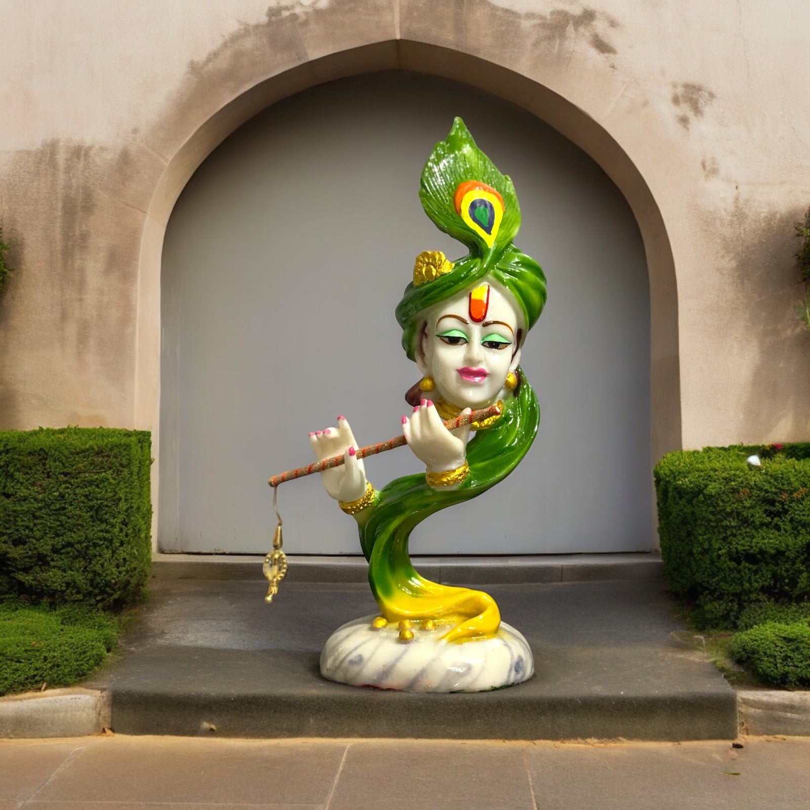 Curved Pankh Hare Krishan Green Colourful Idol, H-33 cm