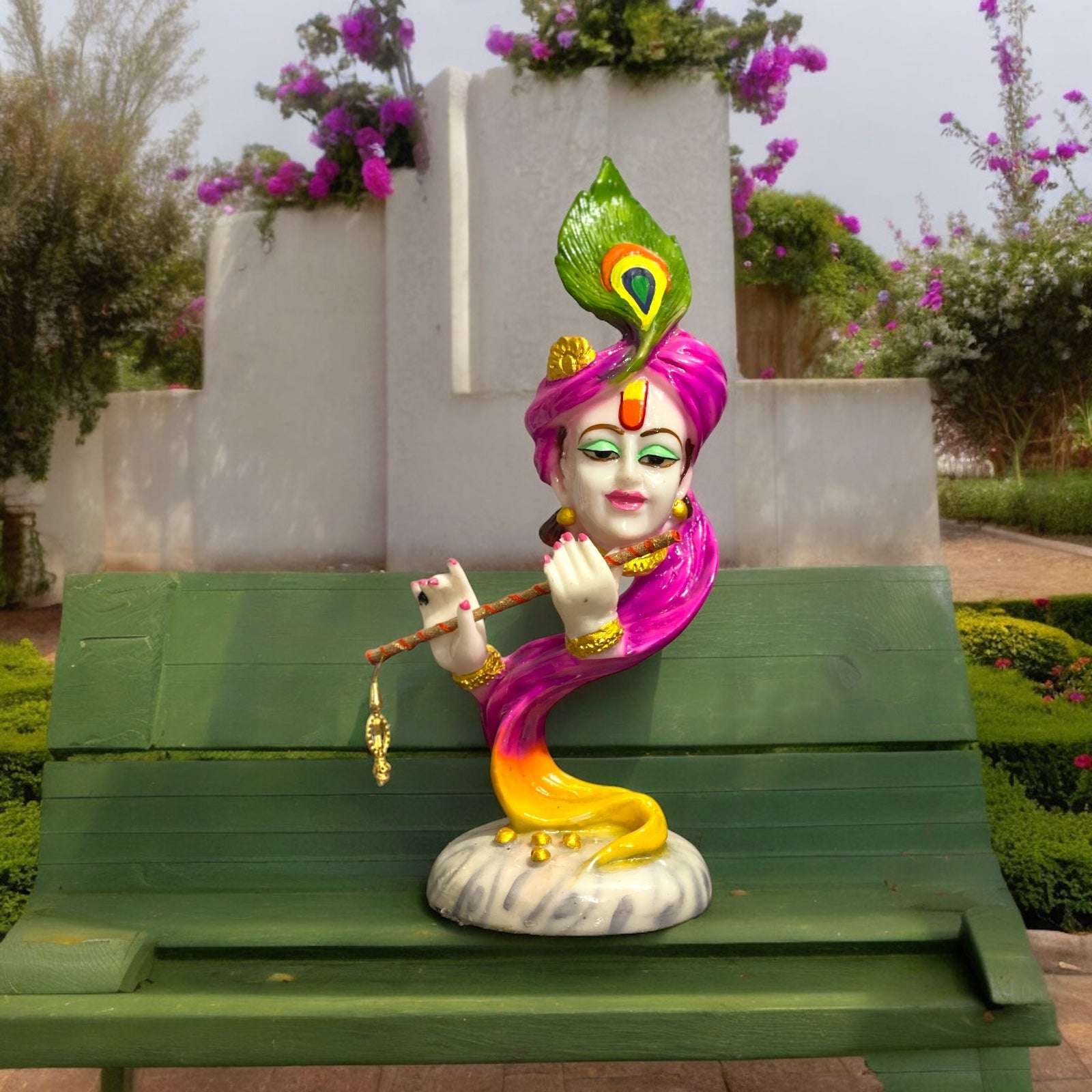 Curved Pagadi Krishan with Basuri Marble Look Colourful Idol, H- 12 inches