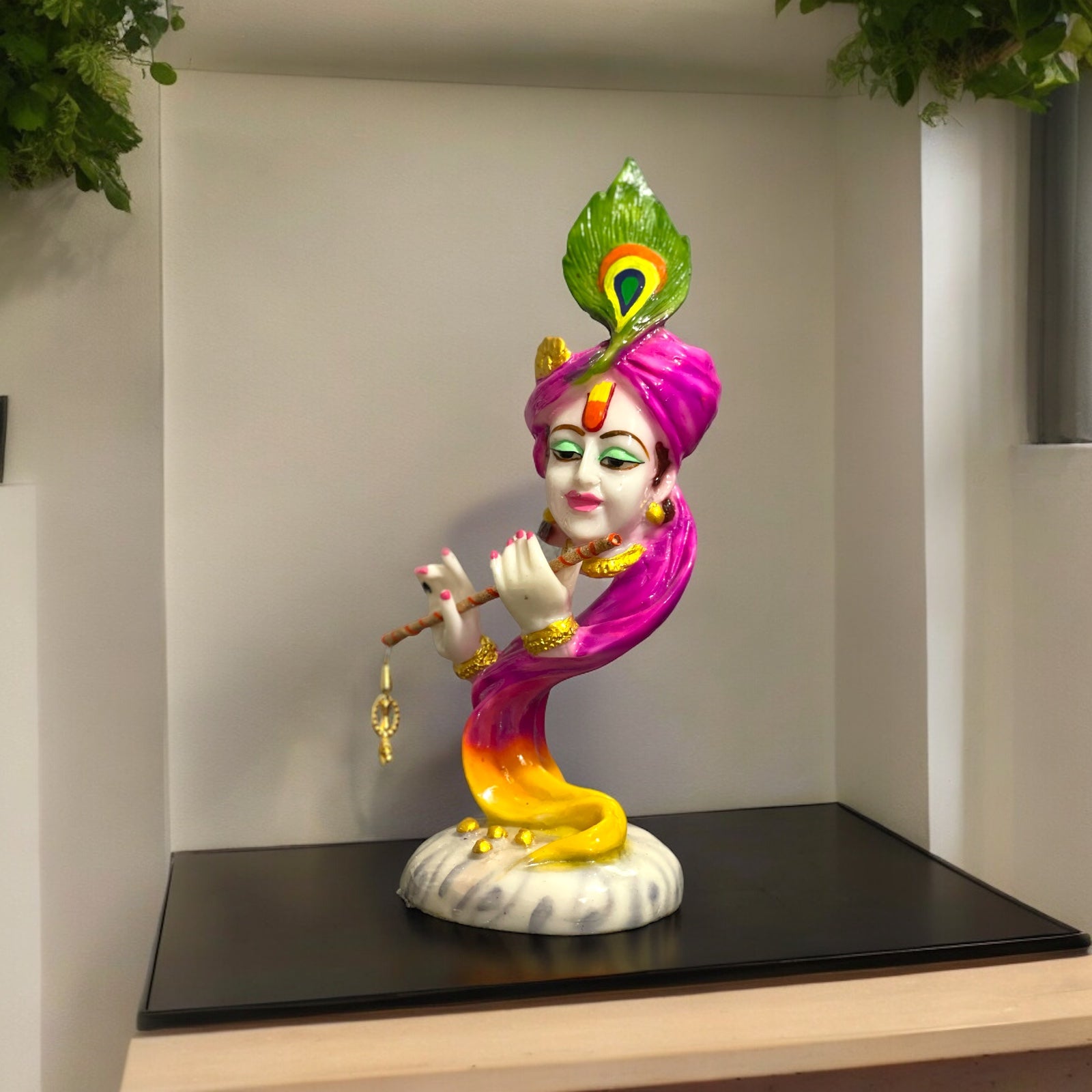 Curved Pagadi Krishan with Basuri Marble Look Colourful Idol, H- 12 inches