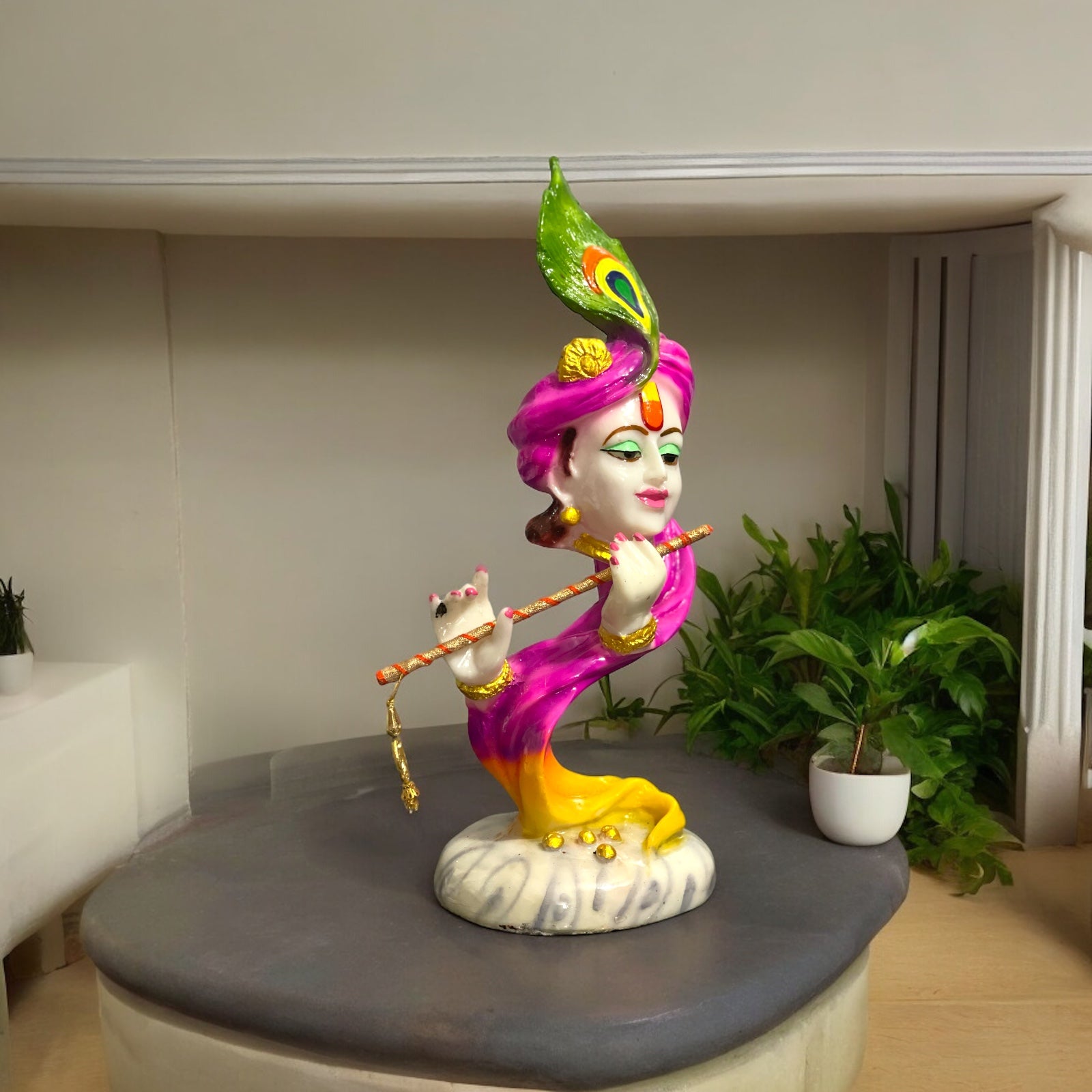 Curved Pagadi Krishan with Basuri Marble Look Colourful Idol, H- 12 inches