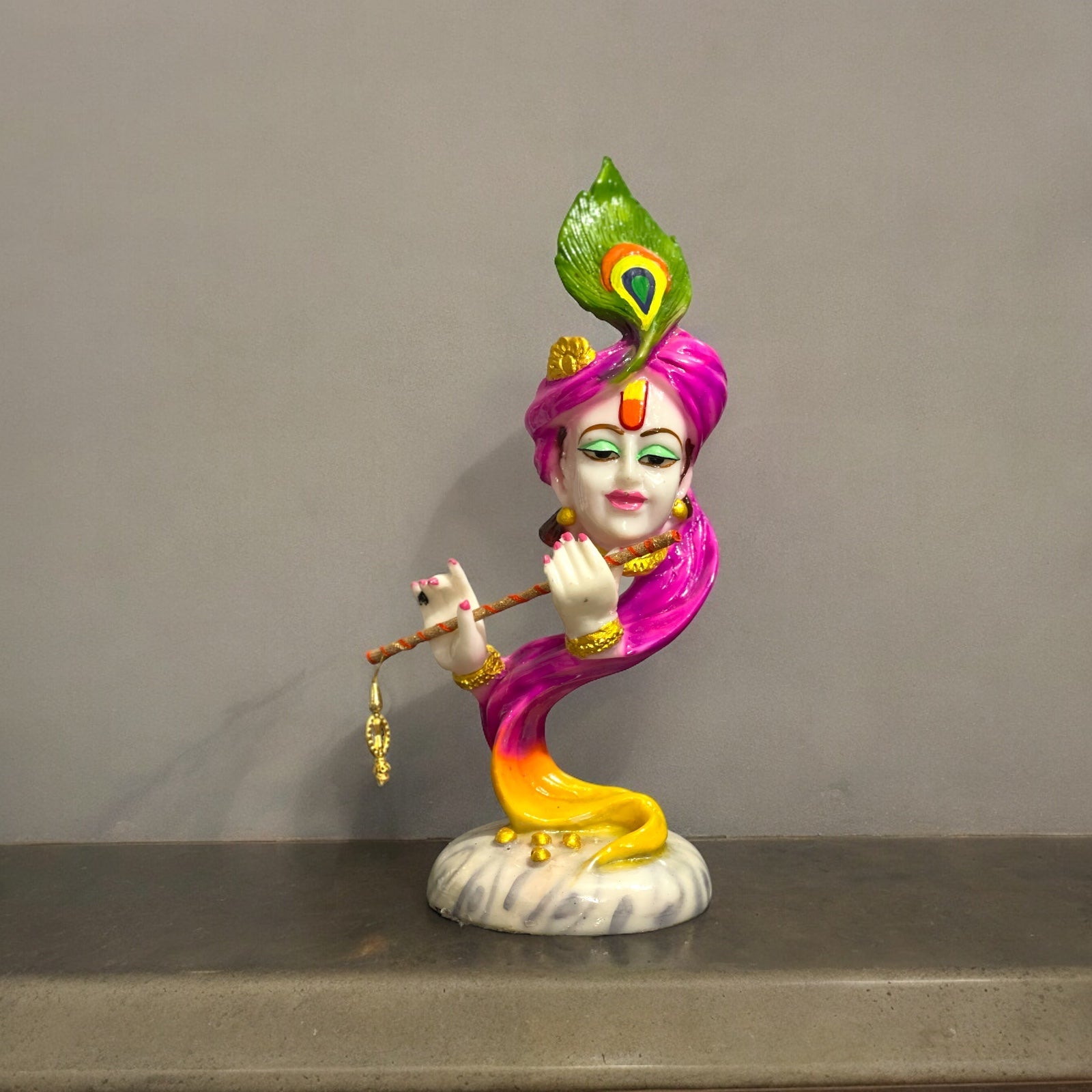 Curved Pagadi Krishan with Basuri Marble Look Colourful Idol, H- 12 inches