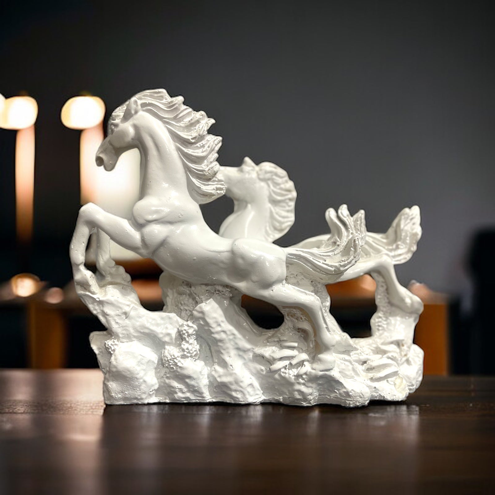 Resin White Running Horses for Feng Shui and Vastu for Positive Energy H- 16 cm