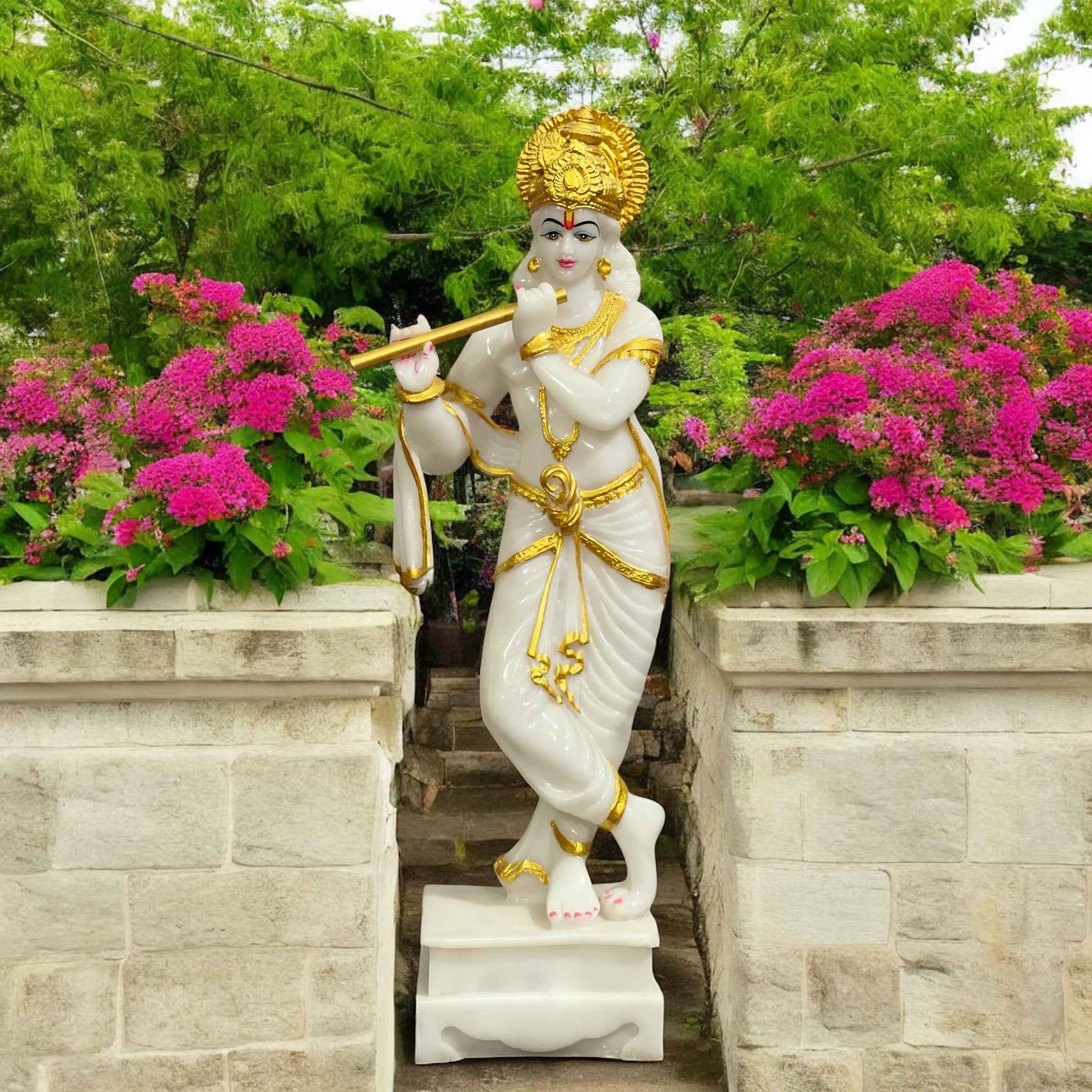 Standing Krishna with Bansuri White Marble Look, Height-63 CM