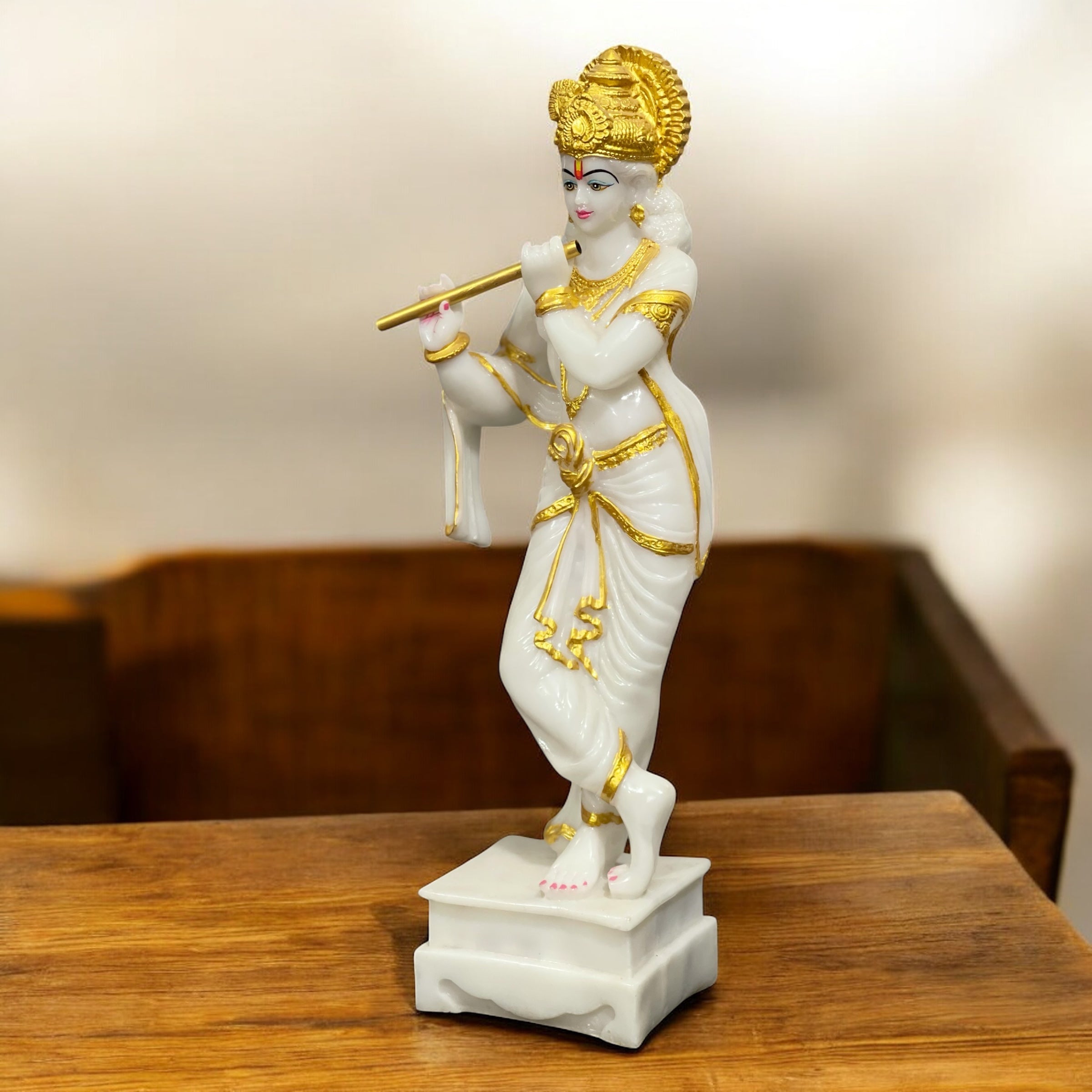 Standing Krishna with Bansuri White Marble Look, Height-63 CM