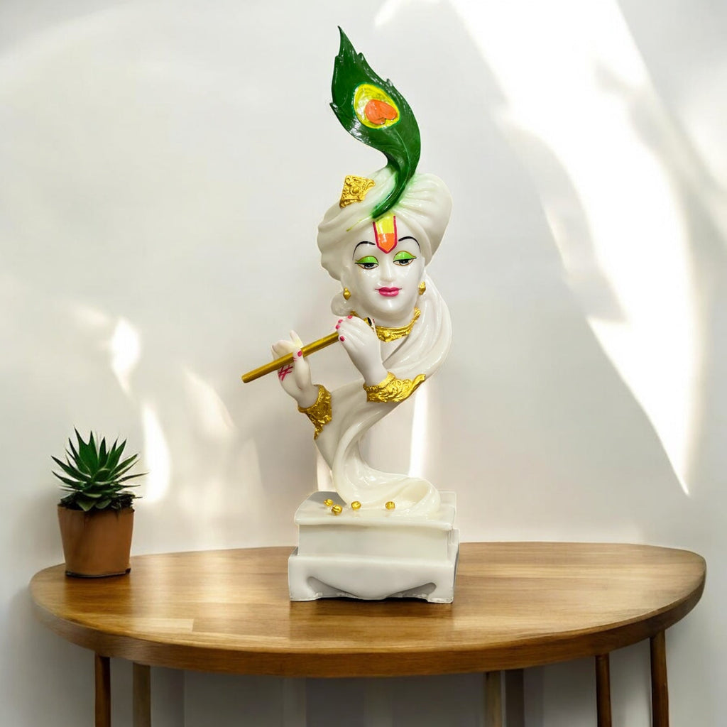 White Marble Finish Pankh Krishan Murti Krishan Idol Antique Showpiece Kanha Statue 2feet