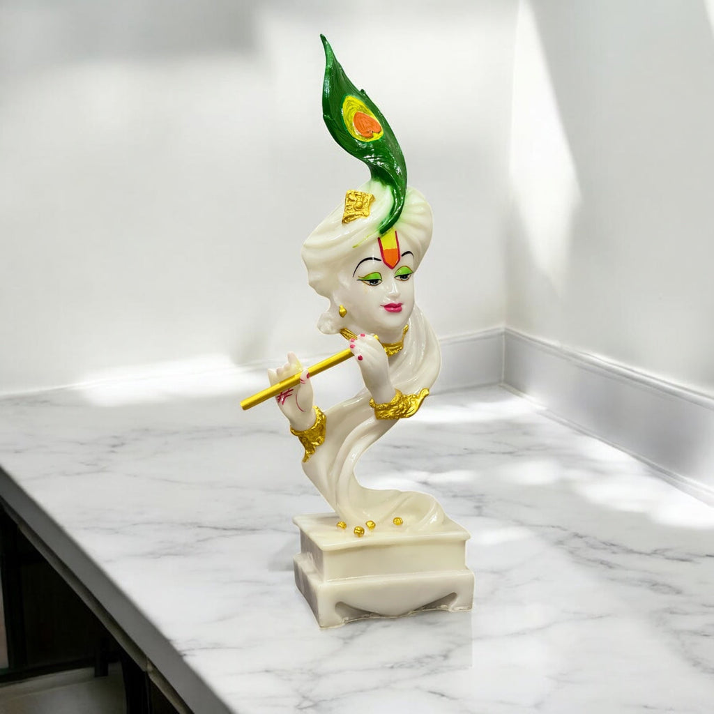 White Marble Finish Pankh Krishan Murti Krishan Idol Antique Showpiece Kanha Statue 2feet